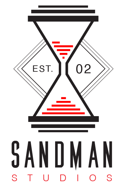 The logo for sandman studios is a black and red hourglass.