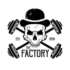 A black and white logo for the factory with a skull wearing a bowler hat and crossed barbells.