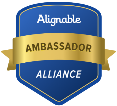 A blue and gold badge that says alignable ambassador alliance