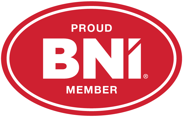 The bni logo is red and white and says proud bni member