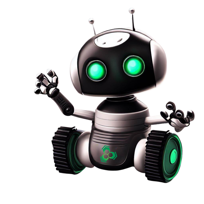 A black and white robot with green eyes is waving.