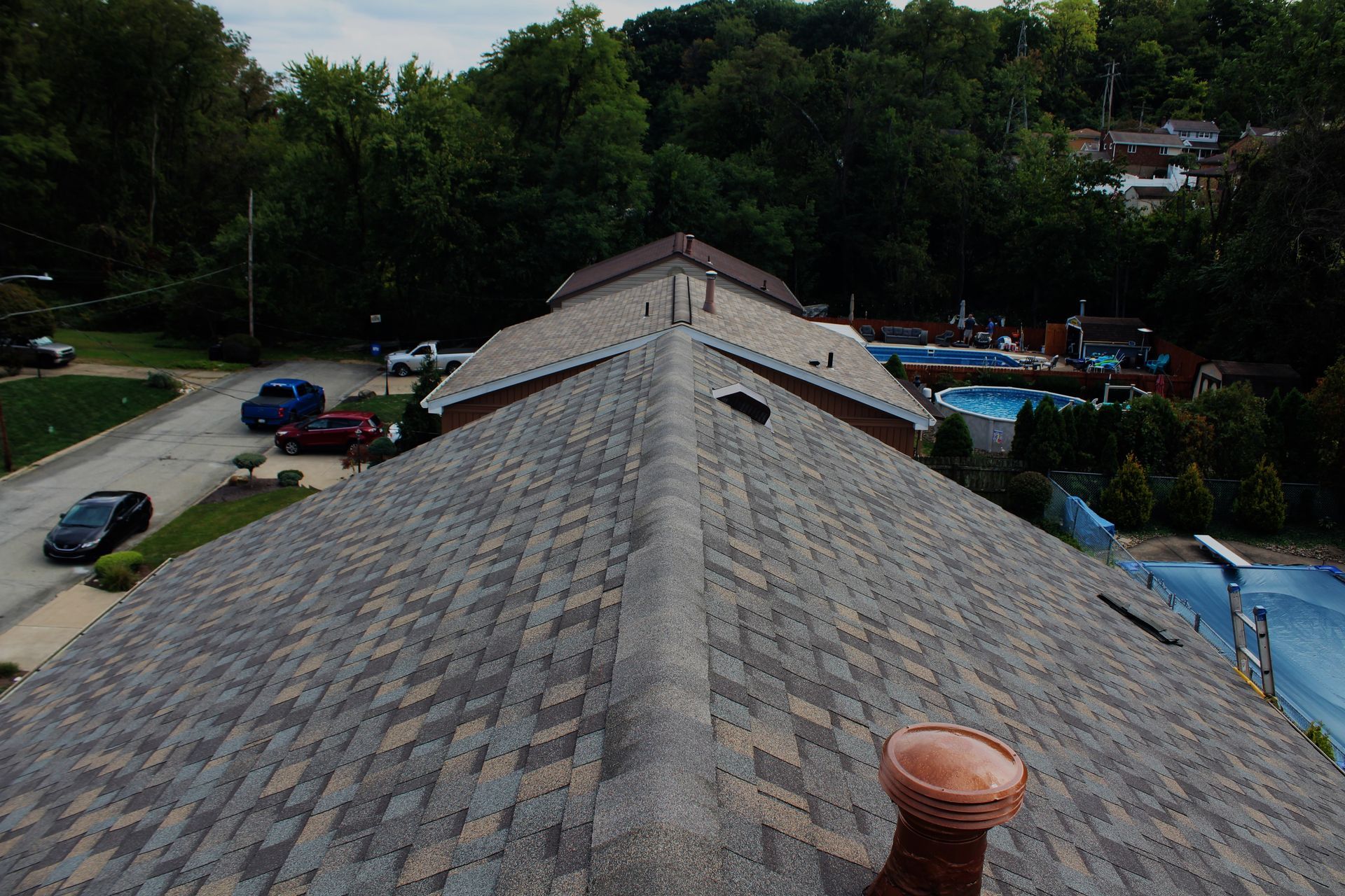A roof as seen from the peak of the roof