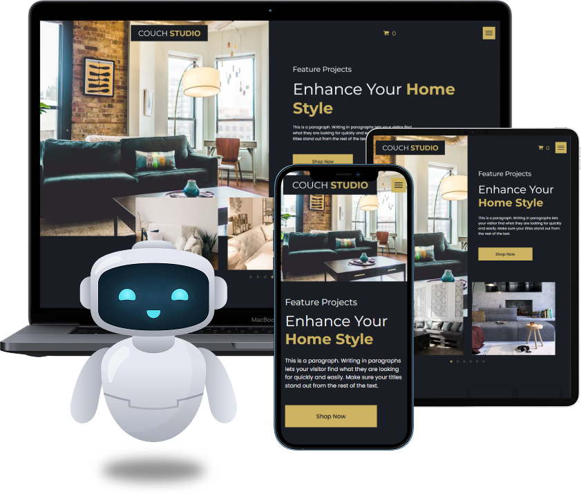 A website displayed on a laptop, tablet, and phone with a robot and red car.