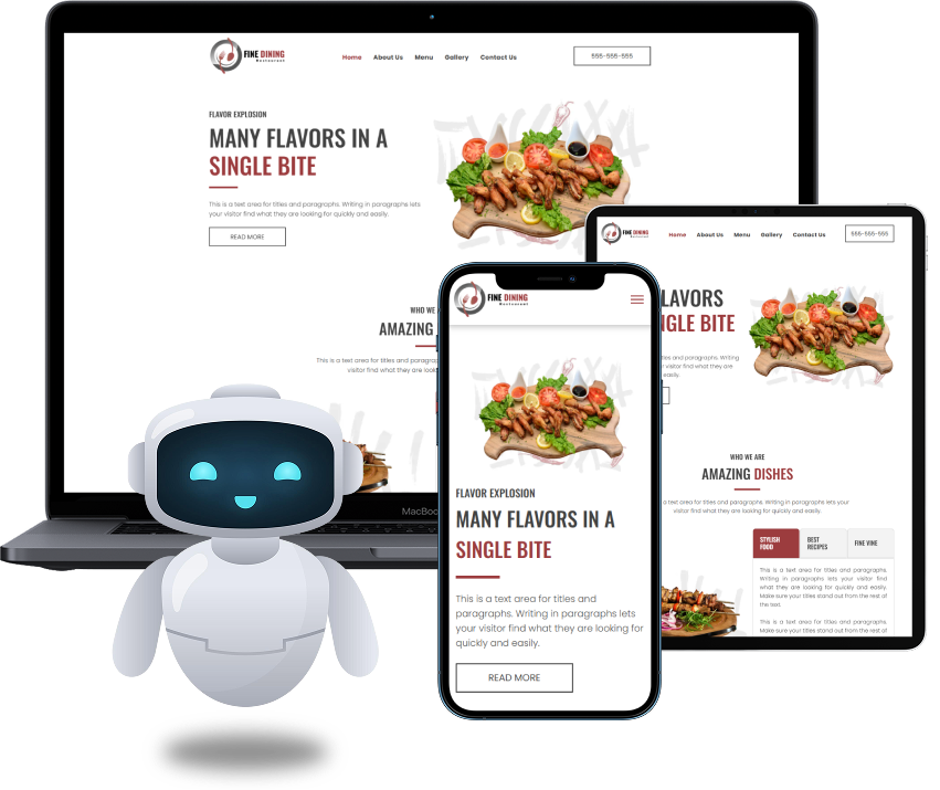 Laptop and smartphone displaying a plumbing website, with a smiling robot mascot in front.