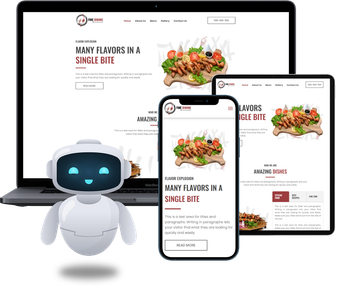 Laptop and smartphone displaying a plumbing website, with a smiling robot mascot in front.