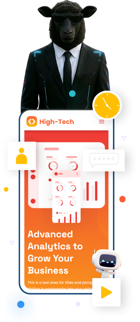 TheCamel.co website on a smartphone screen, showcasing Duda solutions with design elements like a clock, user icon, and a play button.