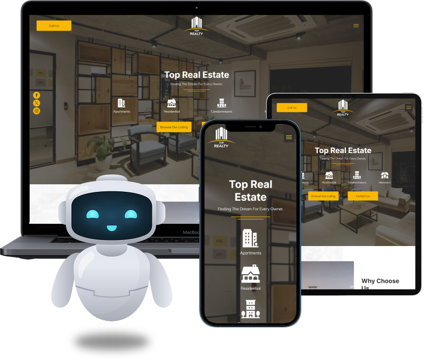 Laptop and phone showcasing an educational website, a chatbot icon, and a woman.
