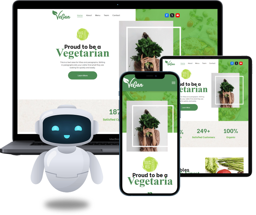 A website displayed on a laptop, tablet, and phone with a robot and red car.