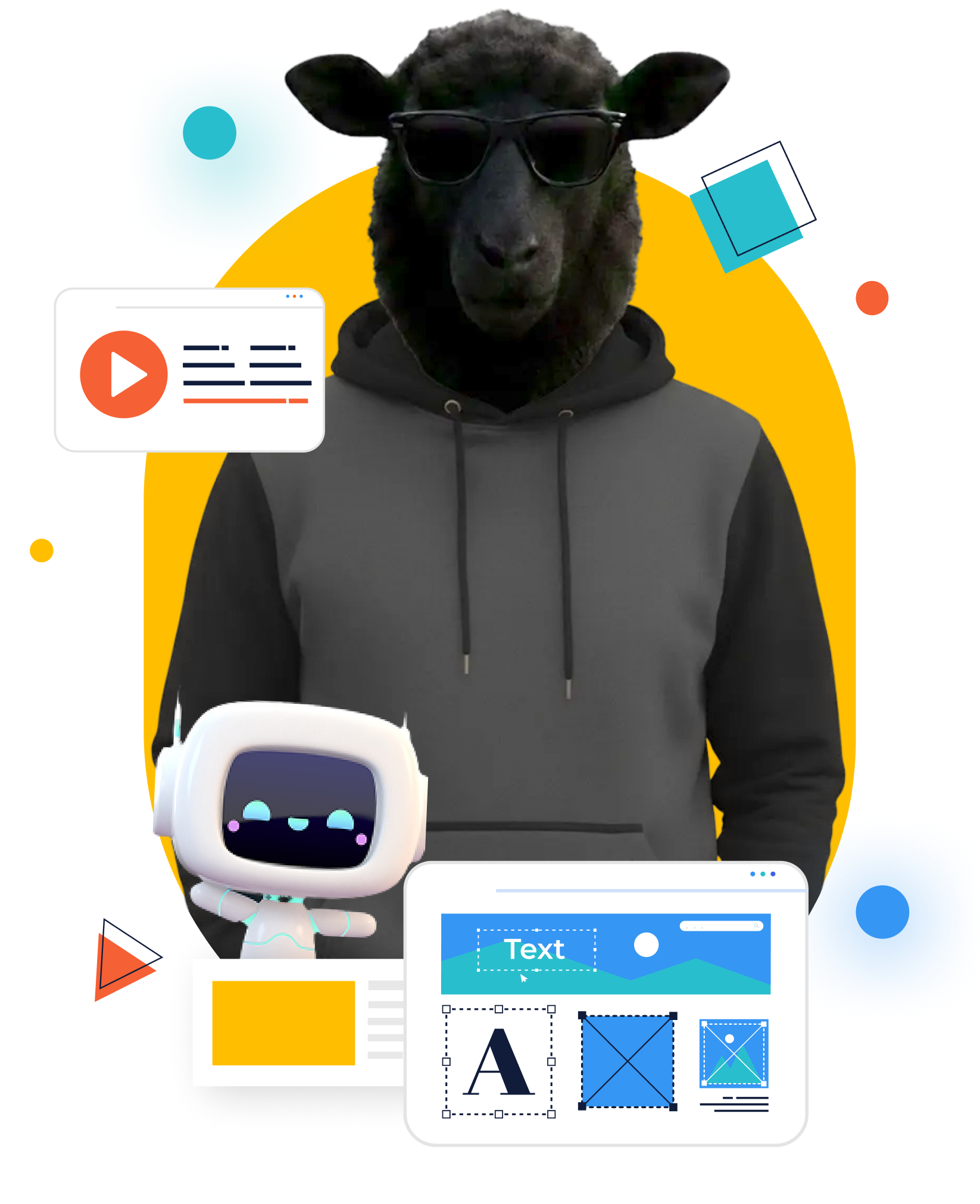 Black sheep in suit and sunglasses with a robot and speech bubbles on a yellow background.