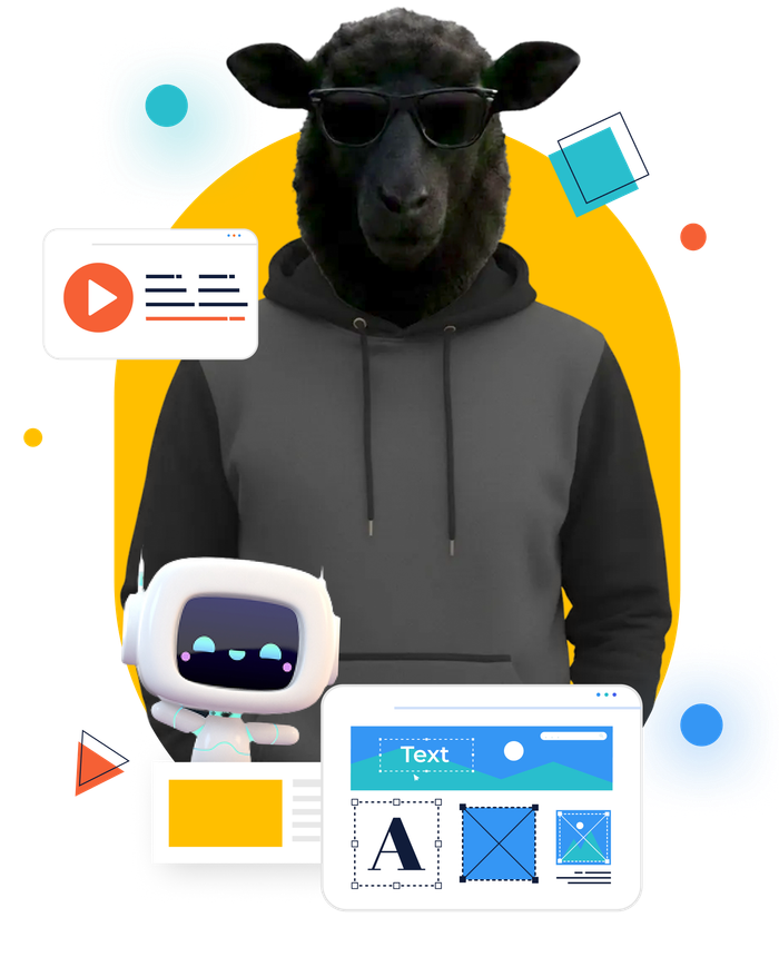 Black sheep in suit and sunglasses with a robot and speech bubbles on a yellow background.