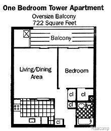 A black and white floor plan of a one bedroom tower apartment.