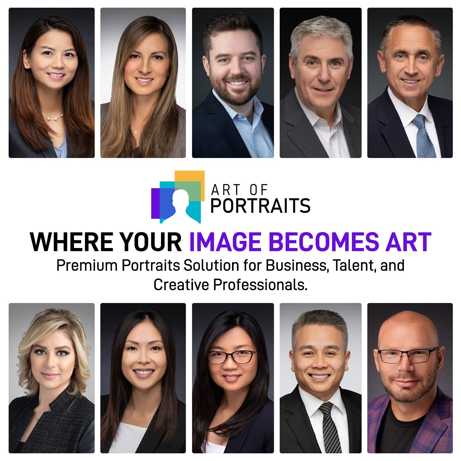 Collage of professional business portraits arranged in two rows with the Art of Portraits logo and tagline promoting premium portrait solutions for professionals.