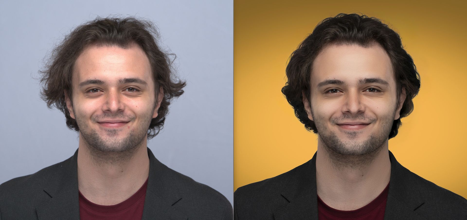 Before‑and‑after professional headshot comparison showing enhanced lighting, background, and overall image quality from cool gray to warm yellow.