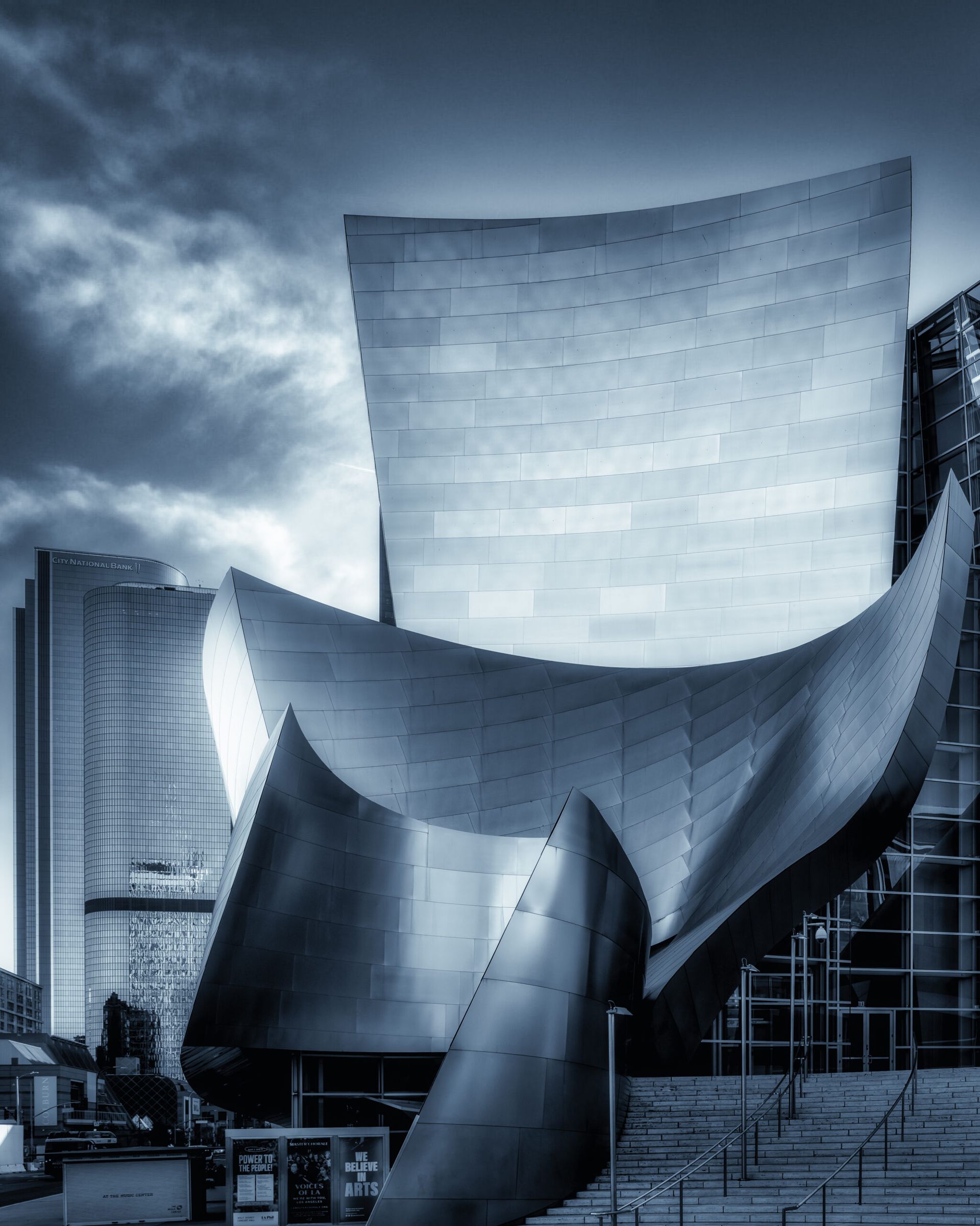 Walt Disney building view at sunset in black and white.