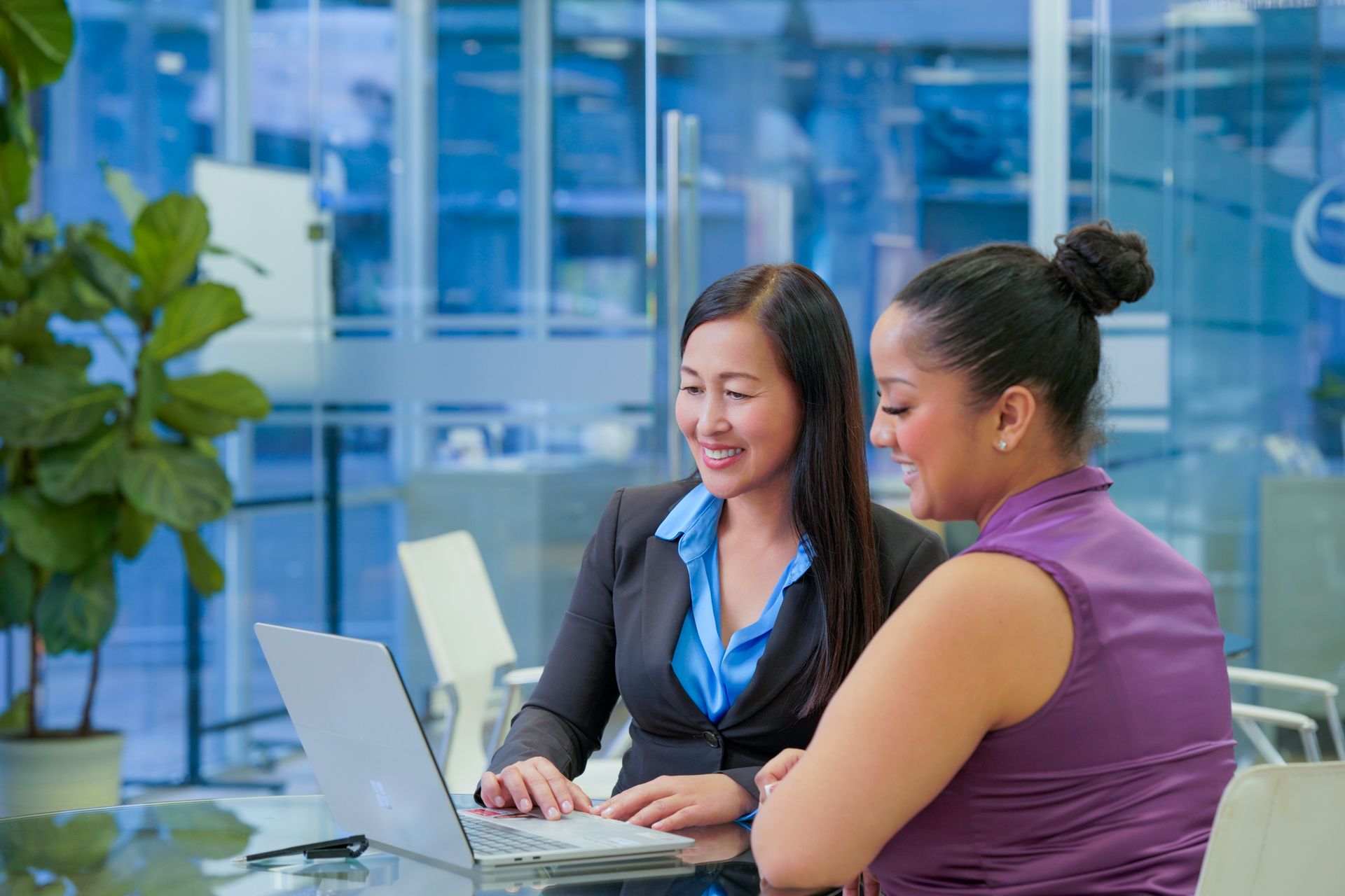 Business advisor reviewing information with a client at a modern office table using a laptop.