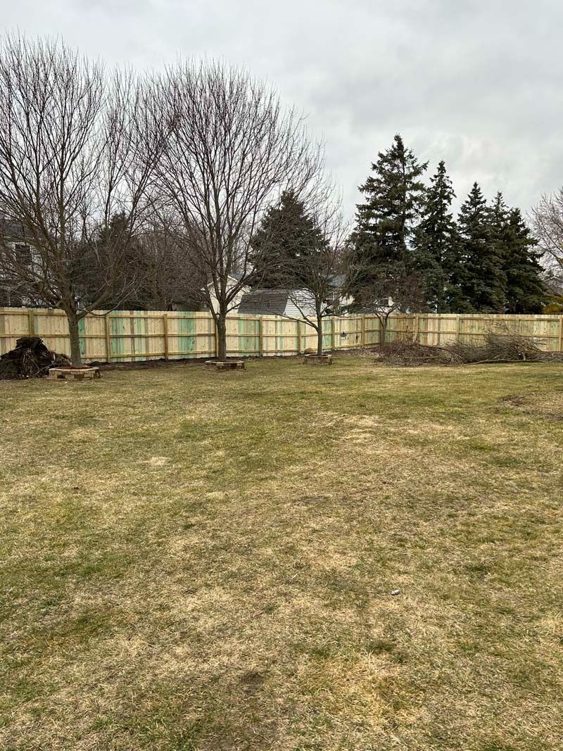 Grassy yard with a wooden fence and trees in the background. Overcast day.