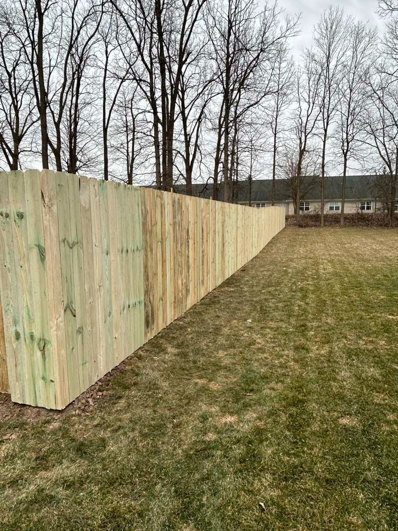 Wooden fence in a grassy backyard, trees in the background, overcast sky.