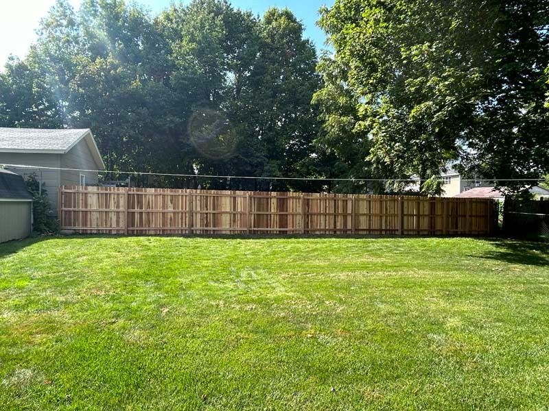 Backyard with green grass, a wooden fence, and large trees against a blue sky.