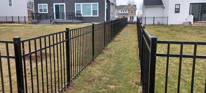 Black metal fence separates two yards with sparse grass, houses in the background.
