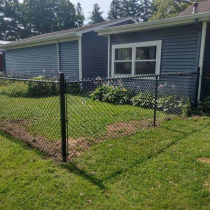 Black chain-link fence surrounds a grassy yard next to a blue house with a white-framed window.