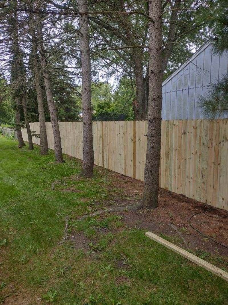 Wooden fence along trees and a grassy area.