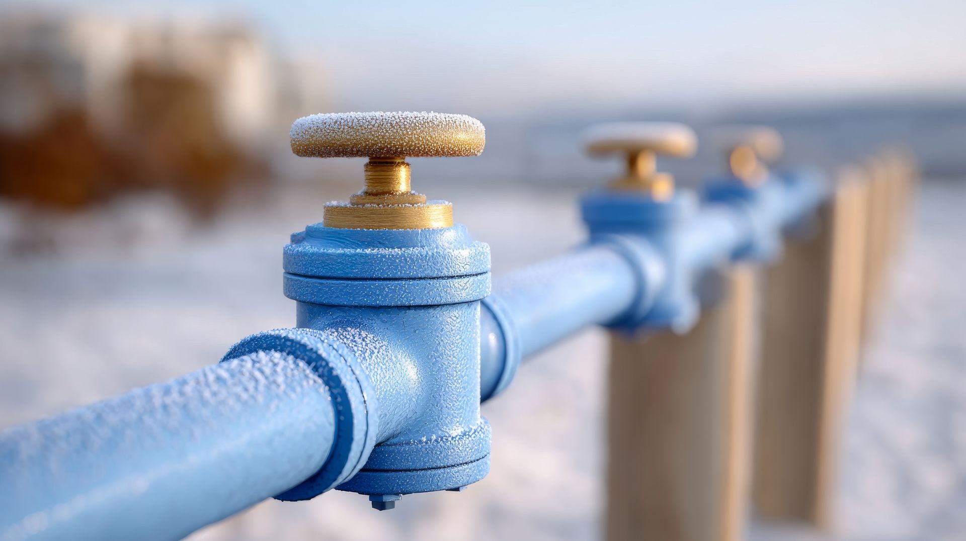 Frozen outdoor pipe valve covered in frost during winter water line repair service.