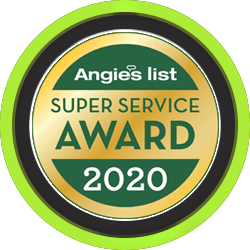 A green and gold badge that says angie 's list super service award 2020