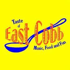 A logo for a restaurant called taste of east cobb music , food and fun.