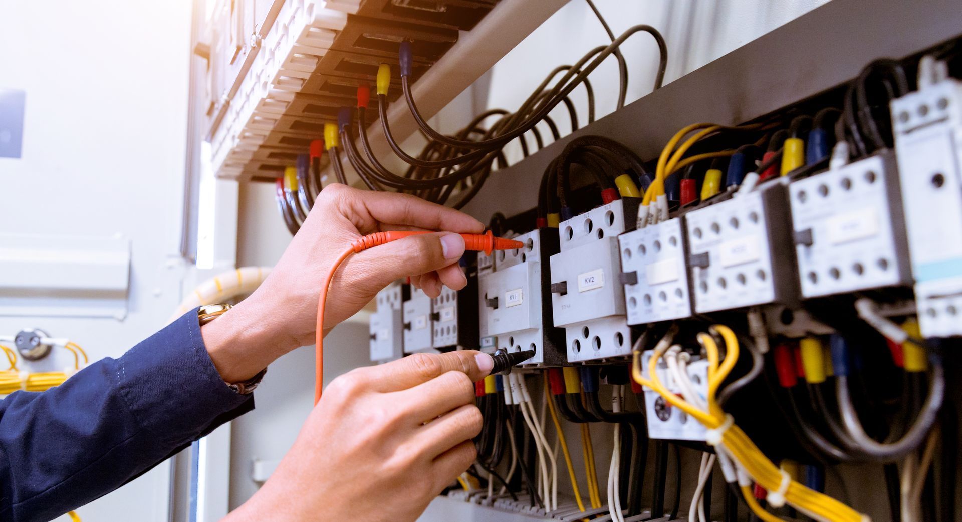 A person is working on an electrical box with a screwdriver.