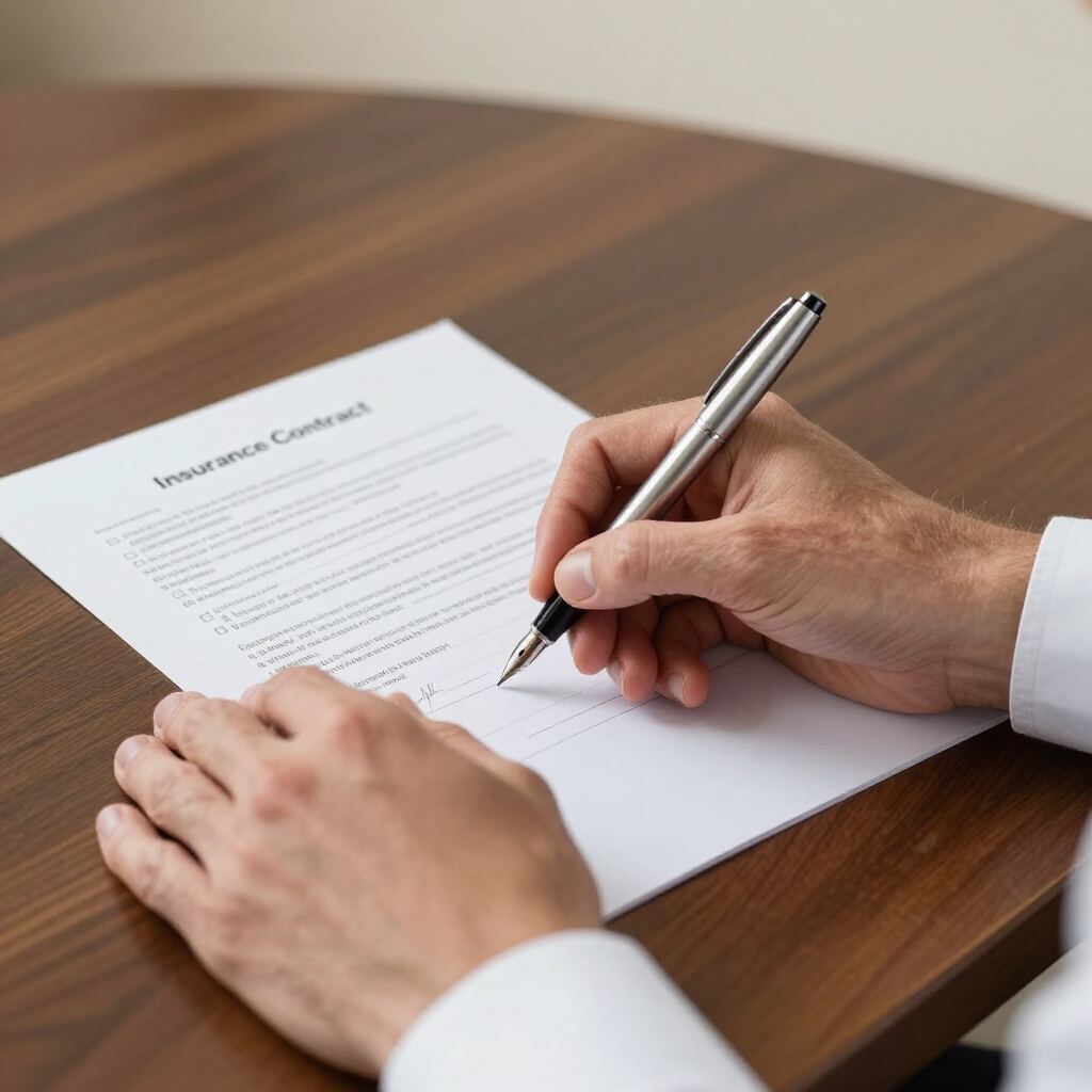 Manos firmando un documento con un bolígrafo sobre una mesa de madera.