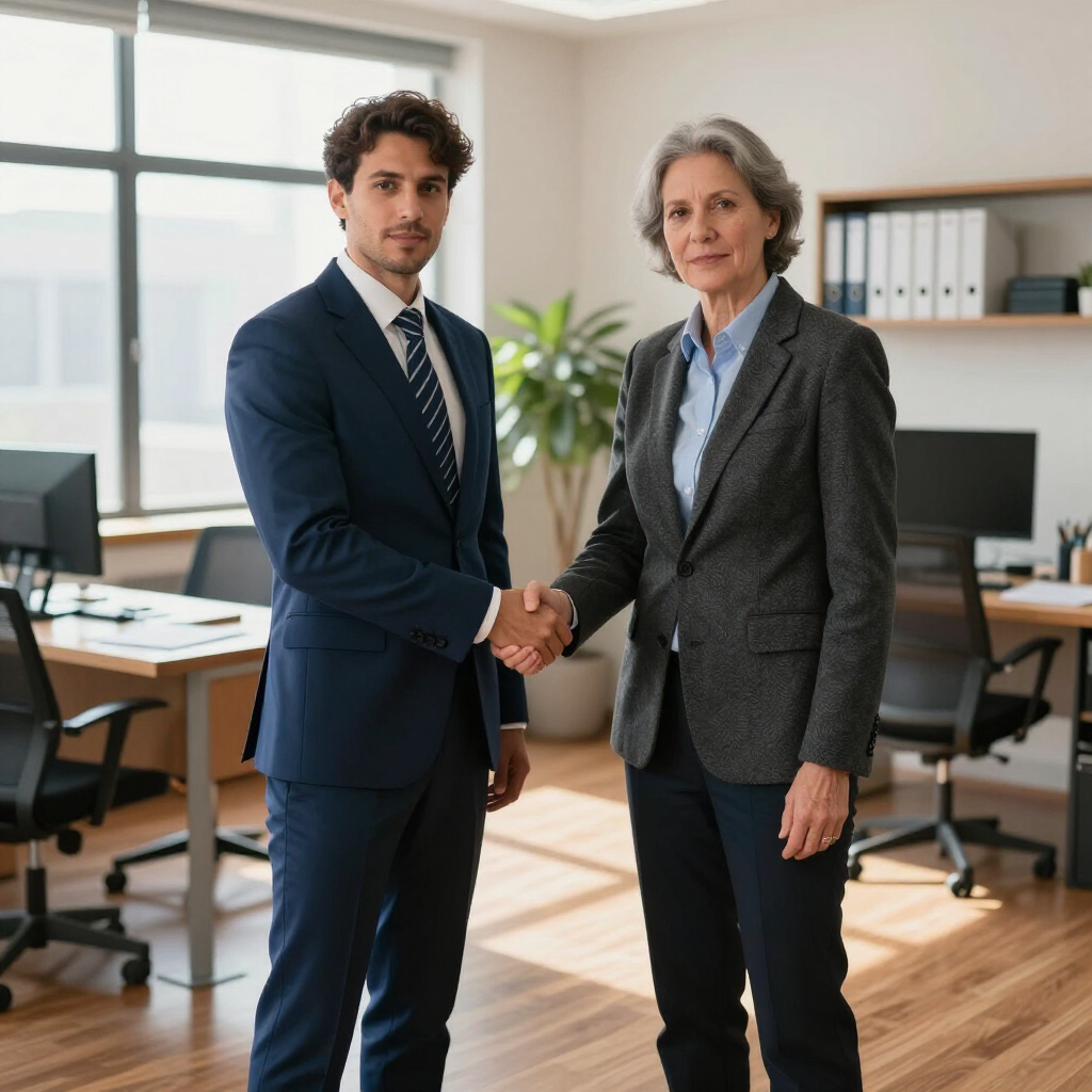 Dos profesionales de negocios dándose la mano en una moderna sala de conferencias.