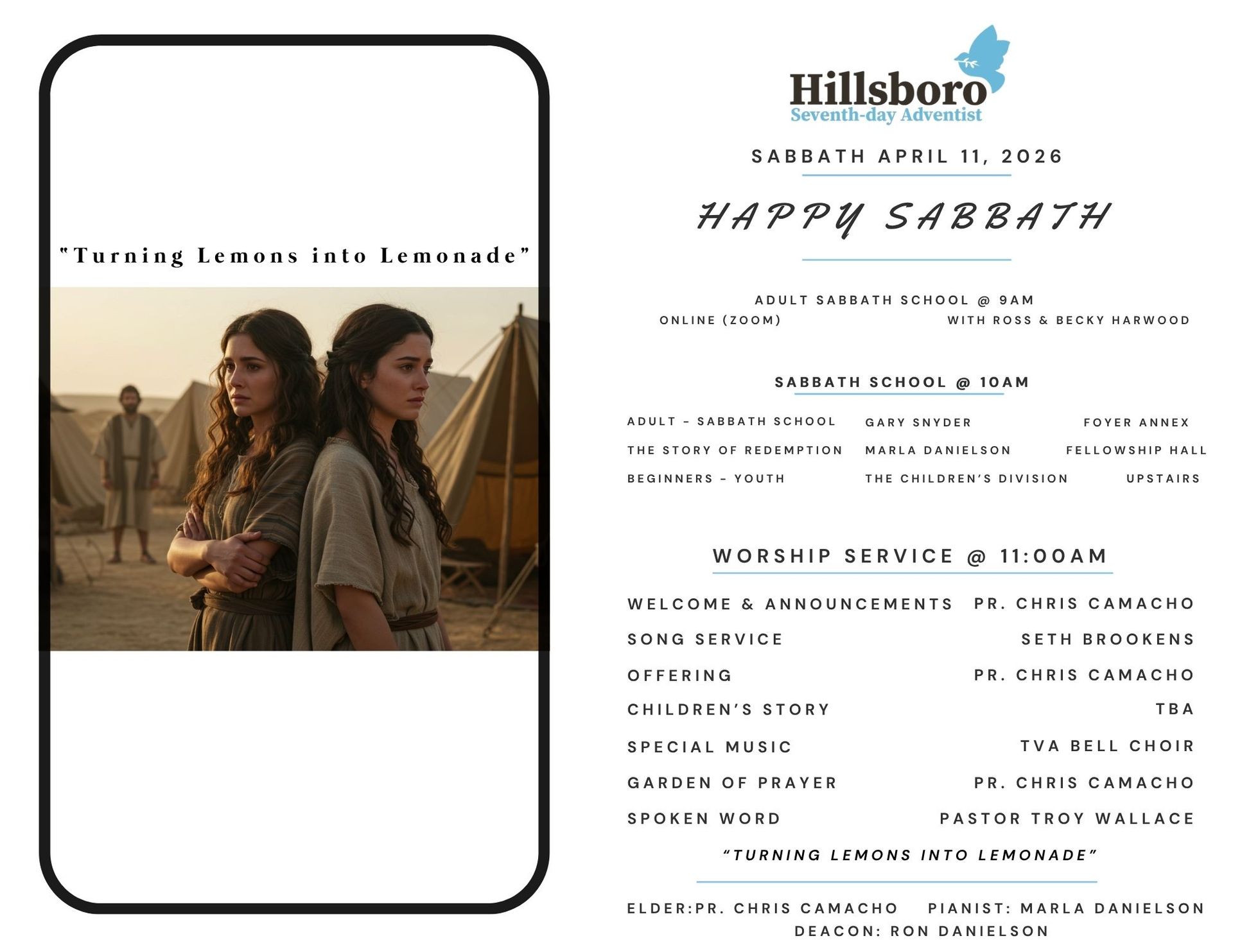 A church bulletin. Silhouette of people with arms raised toward crosses against a sunset. Happy Sabbath header.