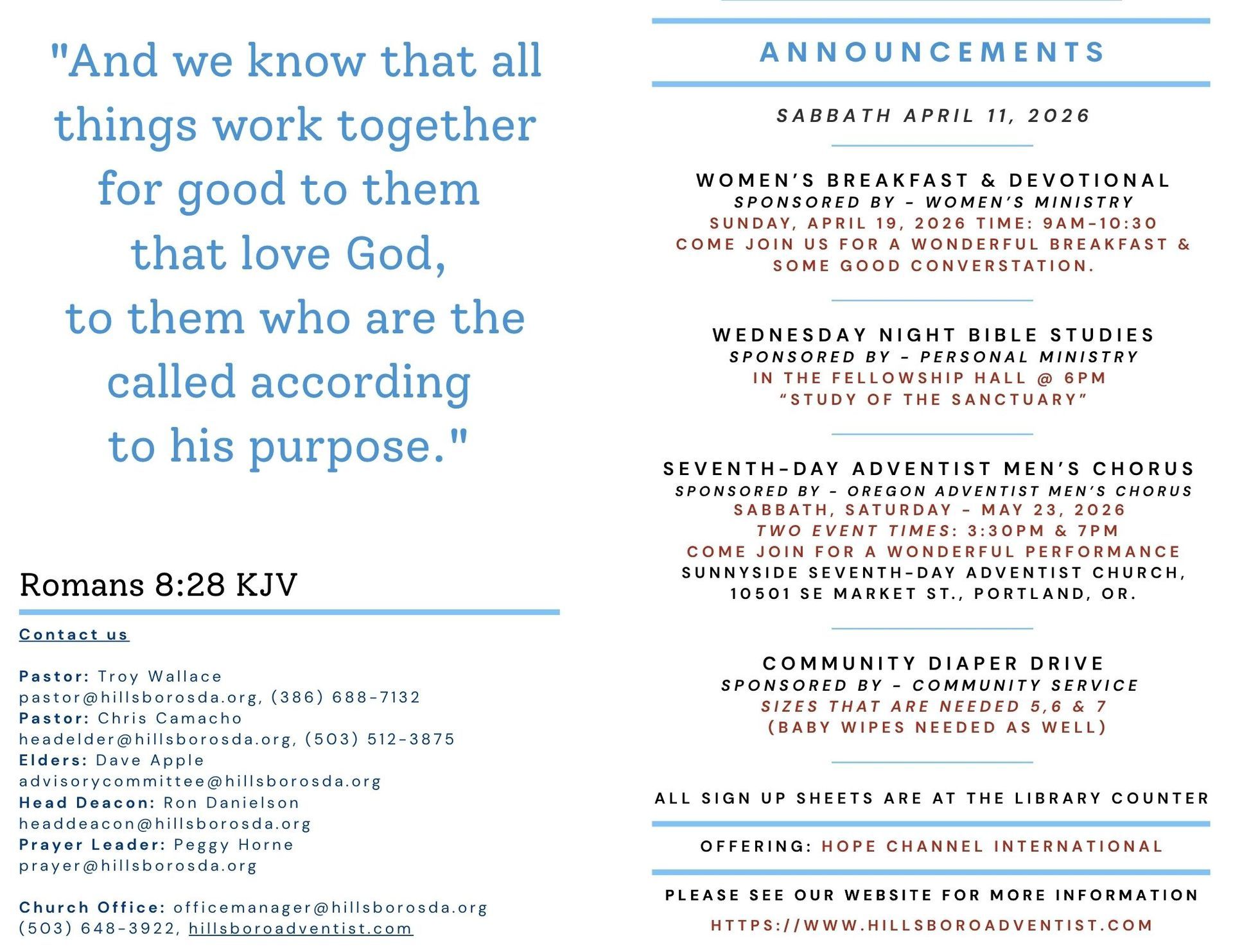 Church bulletin with text on a white background, green accents, and announcements.