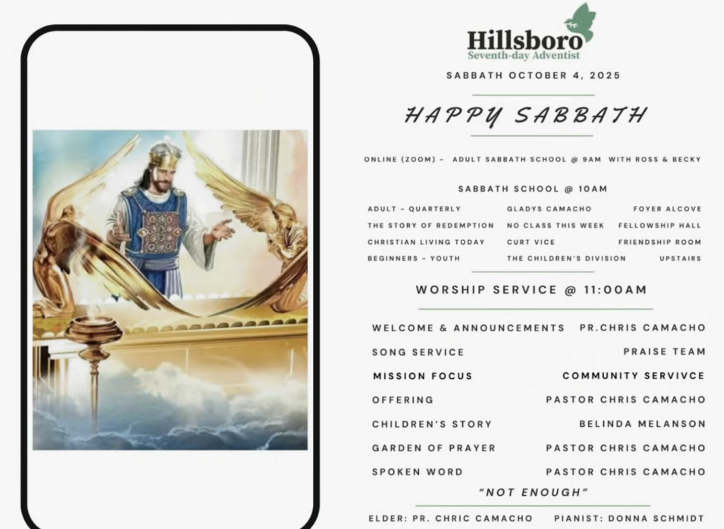 A church bulletin. Silhouette of people with arms raised toward crosses against a sunset. Happy Sabbath header.