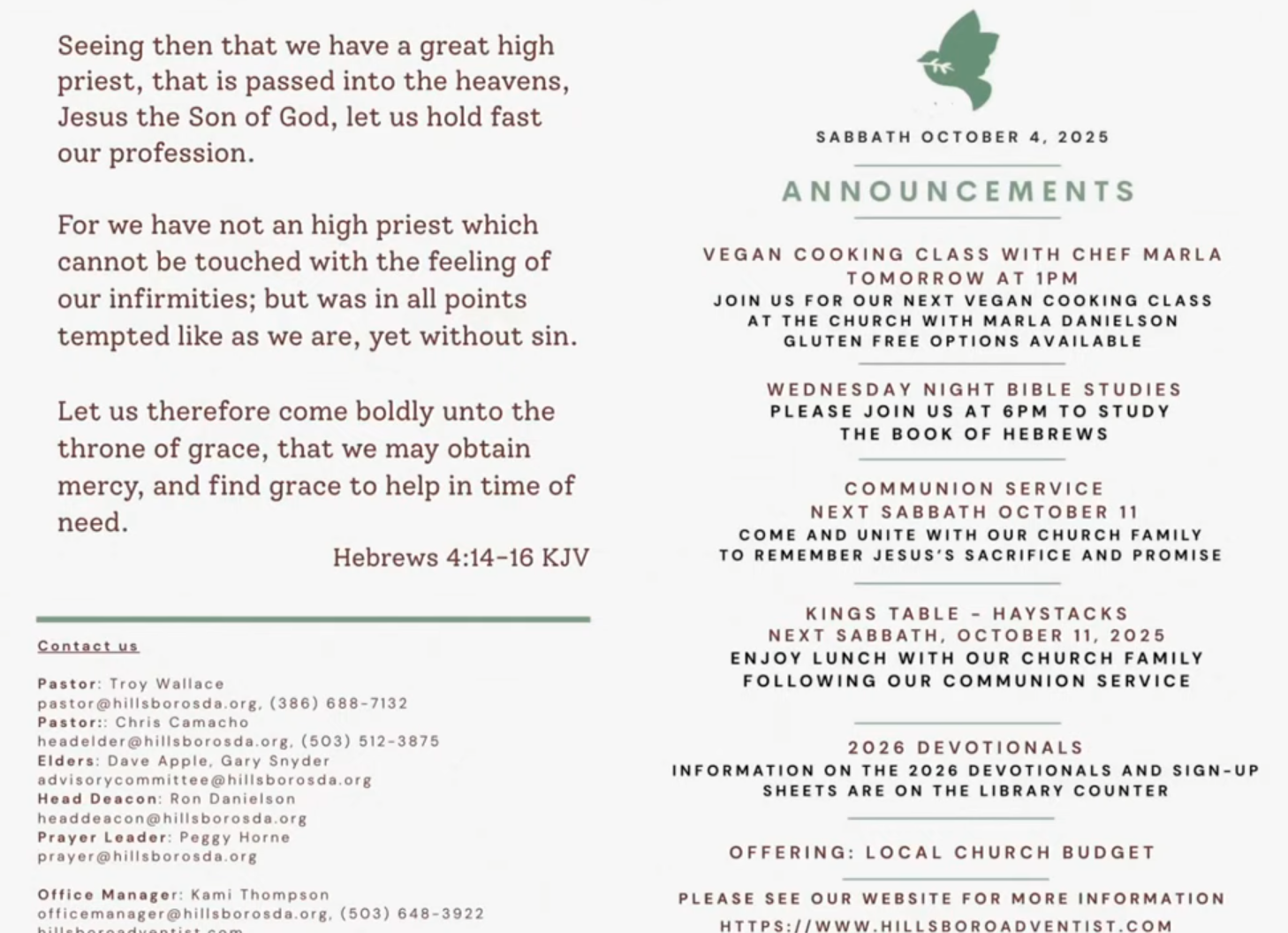 Church bulletin with text on a white background, green accents, and announcements.