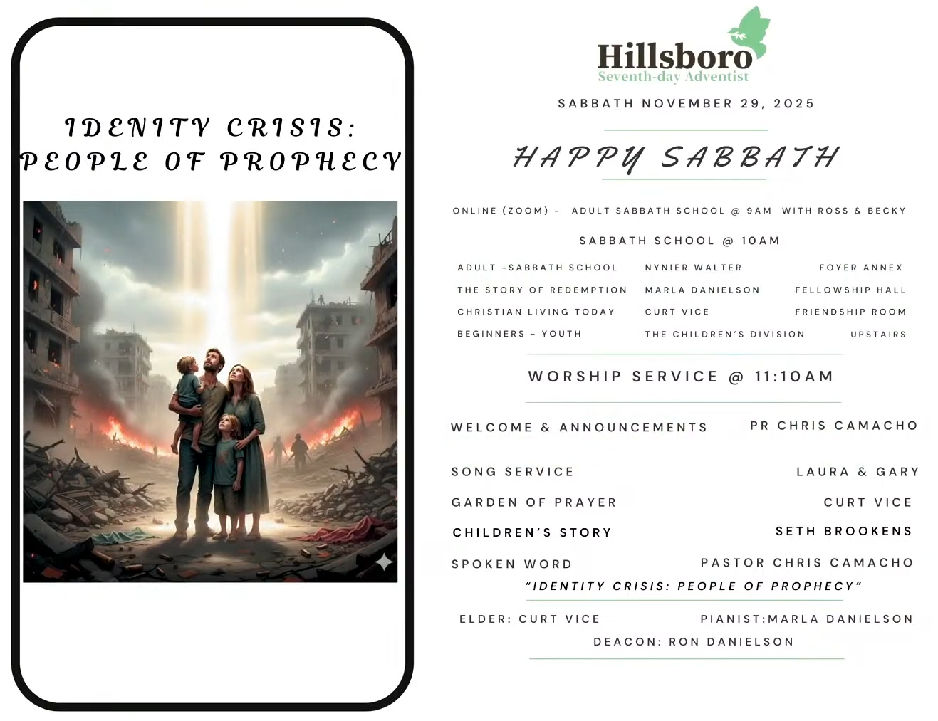 A church bulletin. Silhouette of people with arms raised toward crosses against a sunset. Happy Sabbath header.