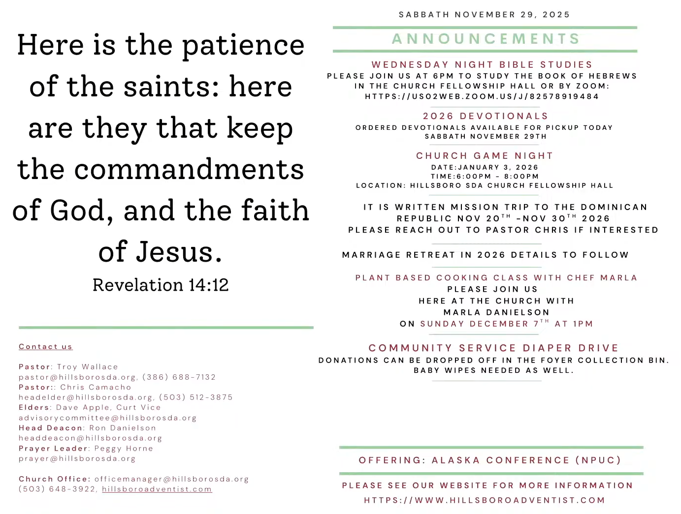 Church bulletin with text on a white background, green accents, and announcements.