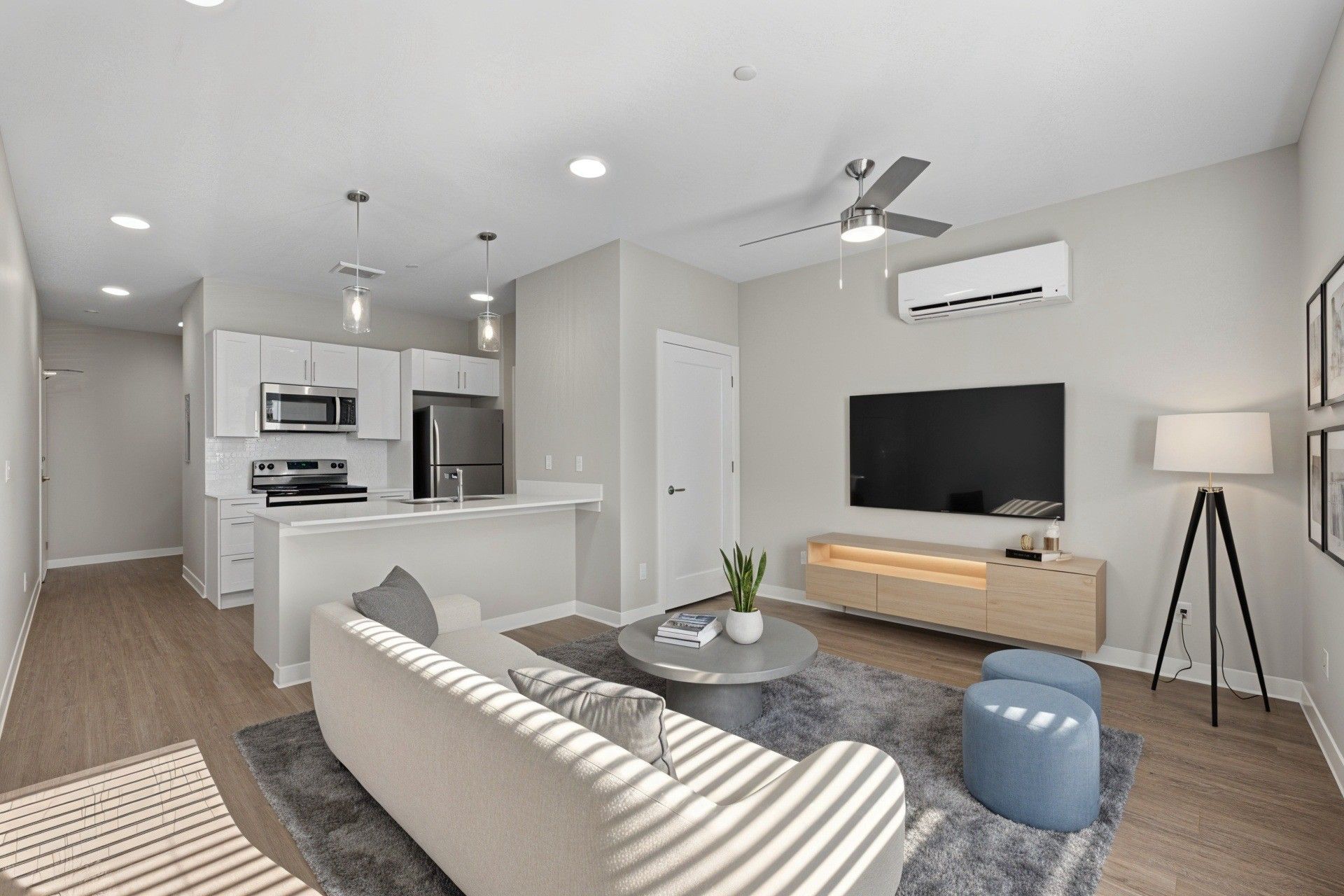 Modern living room with a couch, kitchen, TV, and light-colored wood floors.