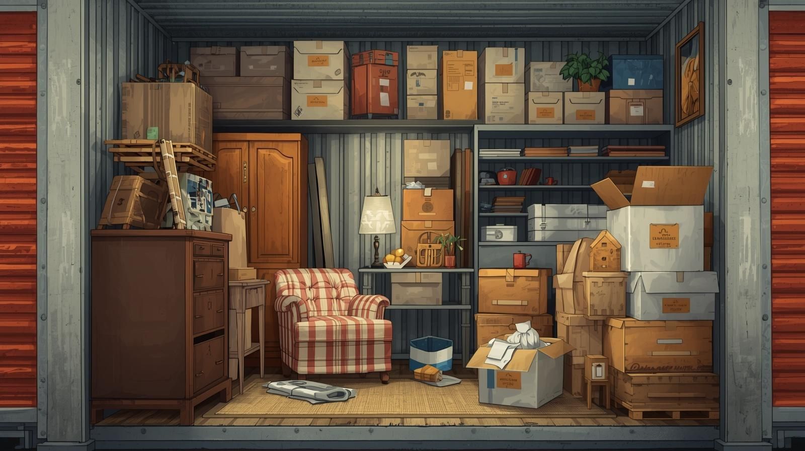 Organized self-storage unit with furniture, boxes, and household belongings.