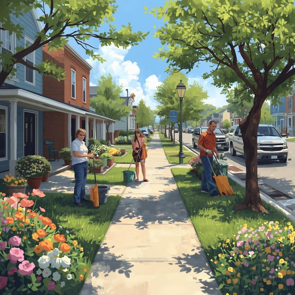 People cleaning yard and sidewalk during spring in residential neighborhood