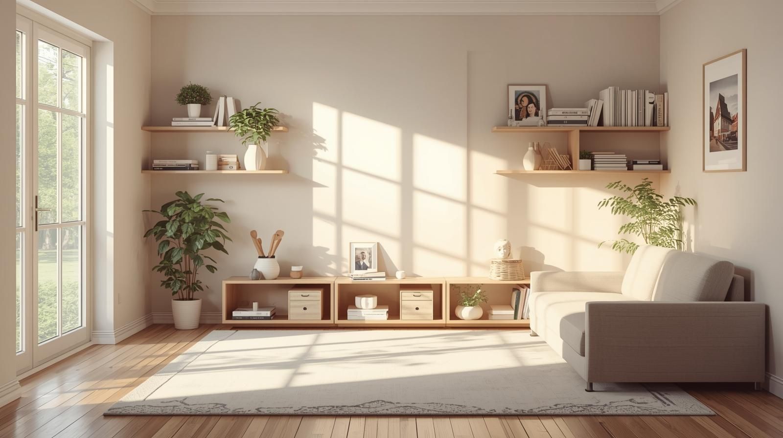 Decluttered living room with organized shelves, plants, and minimal furniture.