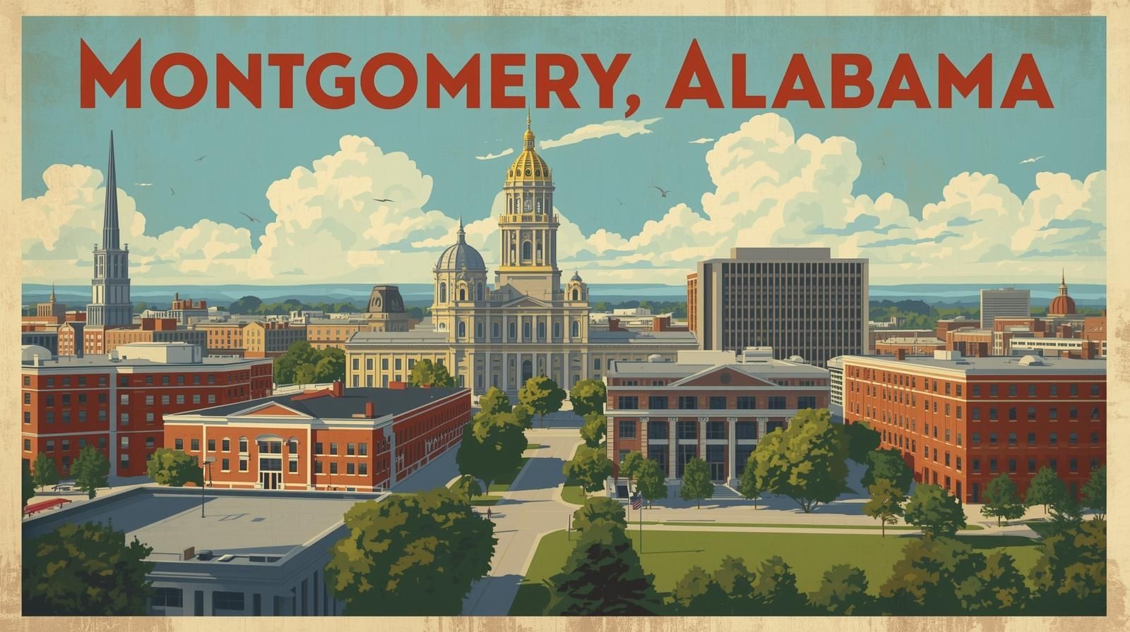 Illustration of downtown Montgomery, Alabama with the state capitol.