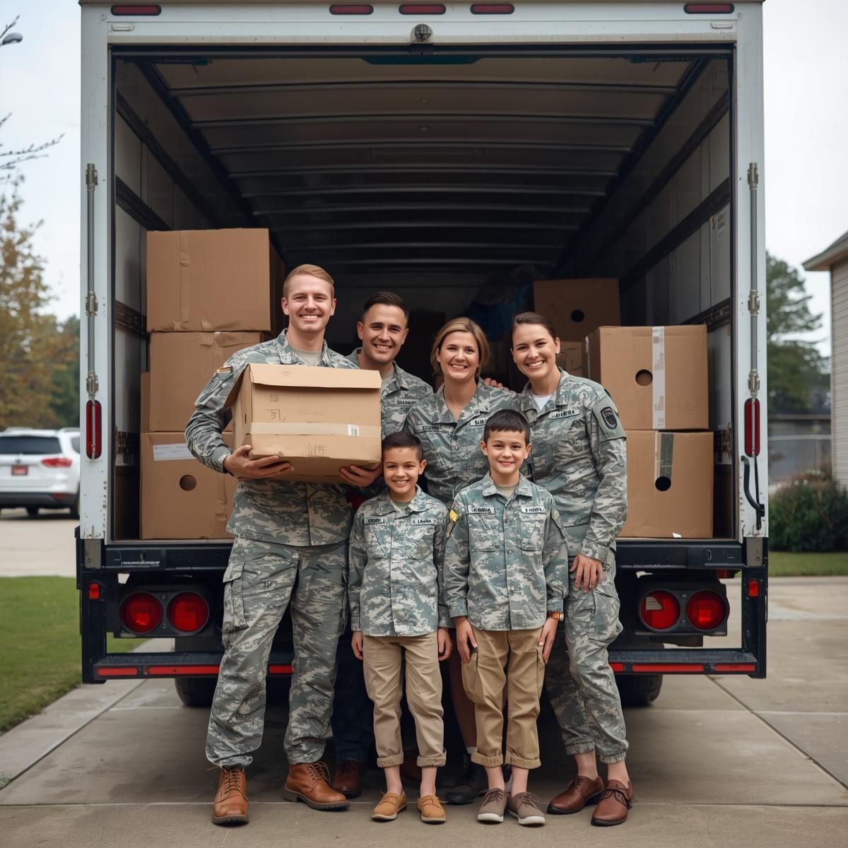Military family loading boxes into moving truck during PCS relocation