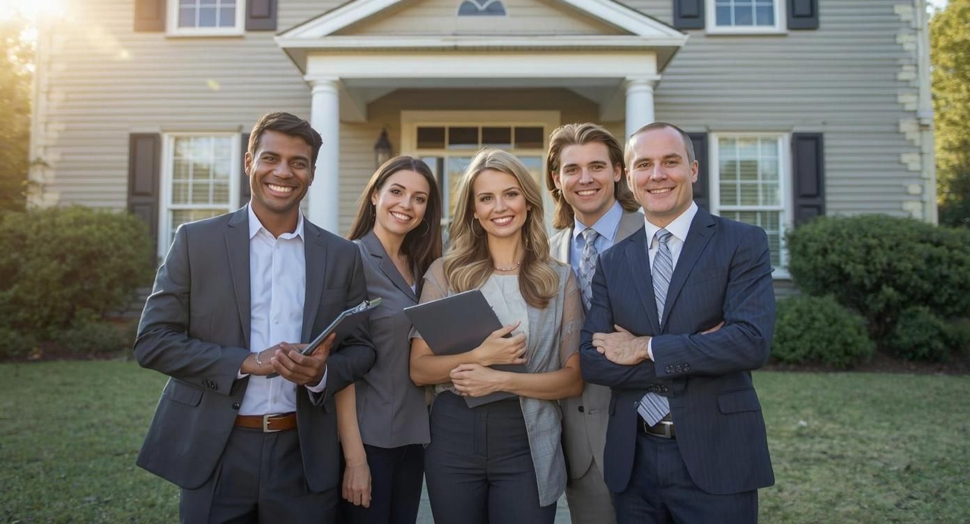 Real estate agents standing in front of a house.