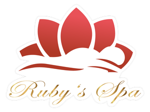 The logo for ruby 's spa has a lotus flower on it