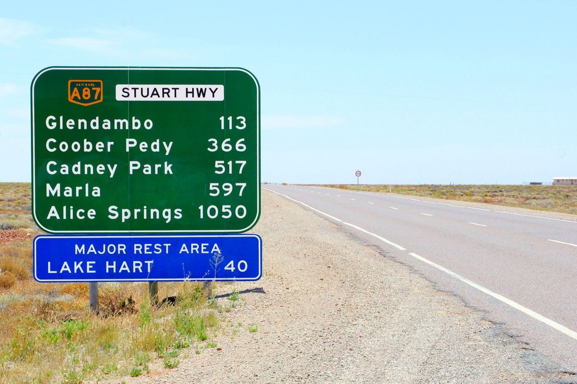 Stuart Highway route information sign Glendambo Coober Pedy Cadney Park Marla Alice Springs