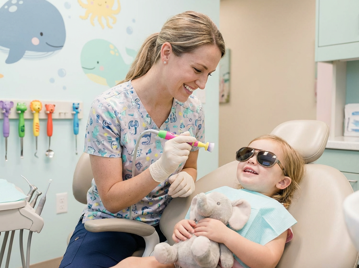 A young boy is sitting in a dental chair while a dentist examines his teeth.
