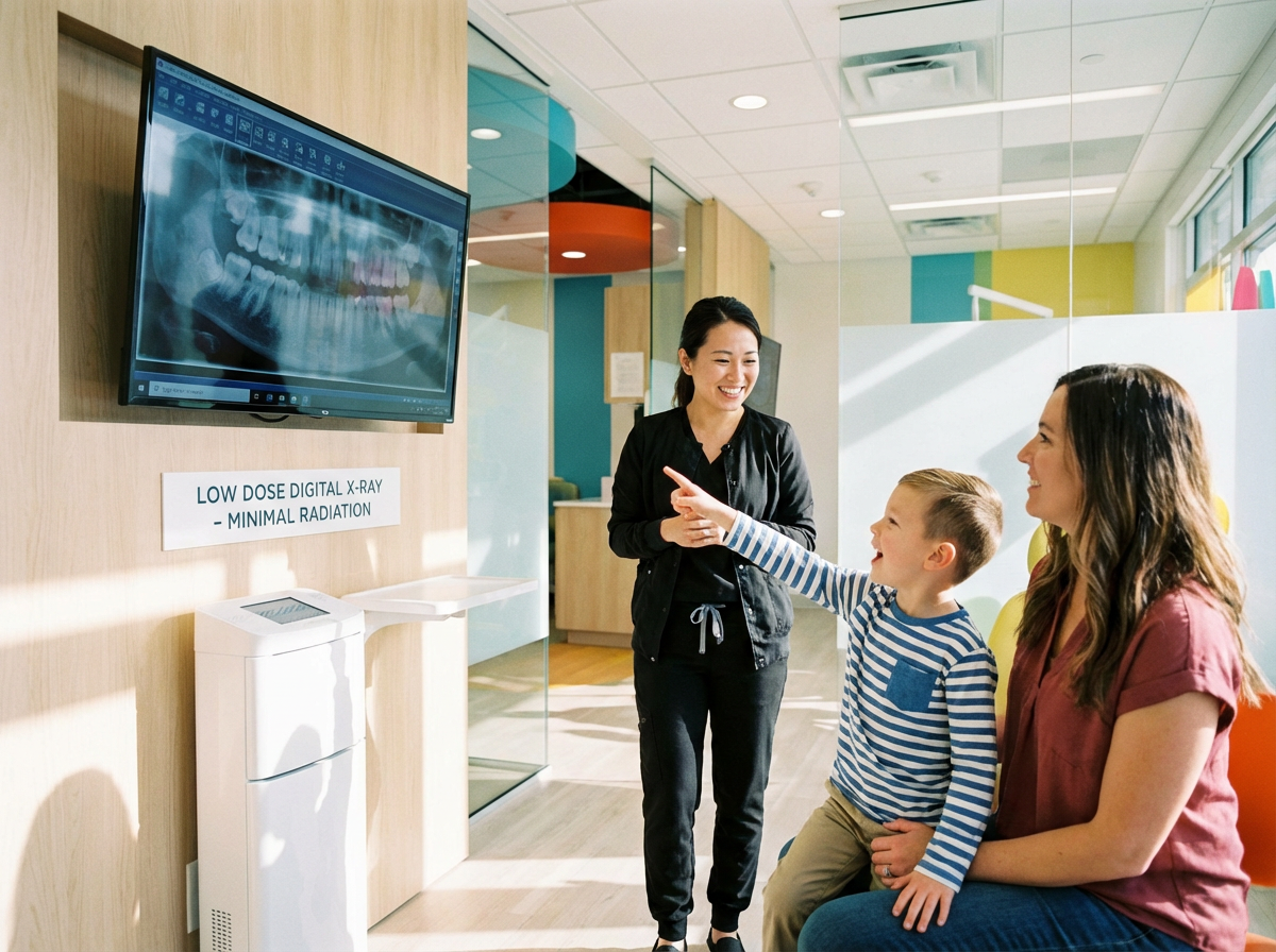 A woman and a child are sitting in a dental chair while a dentist examines their teeth.