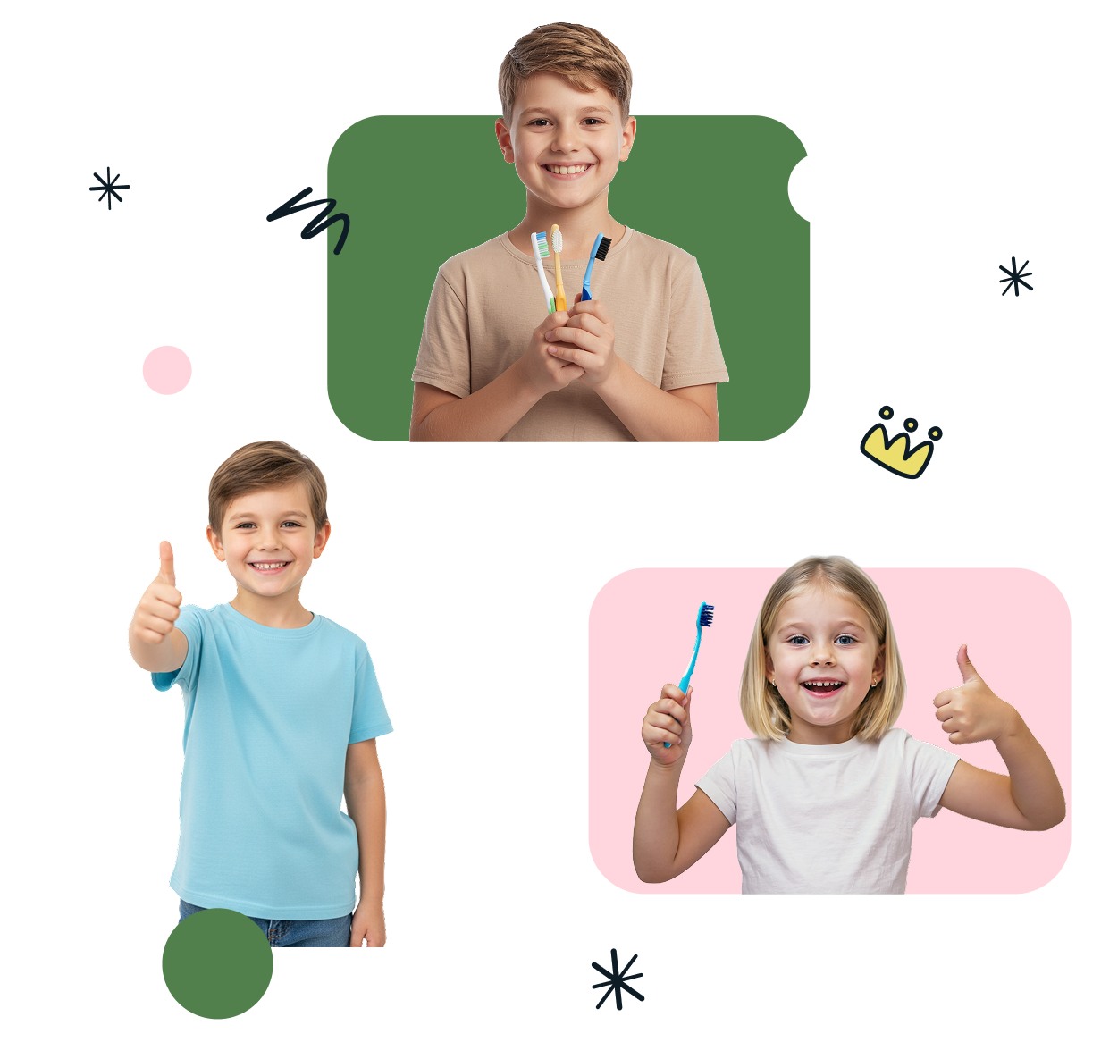 A girl is brushing her teeth and a boy is holding a toy