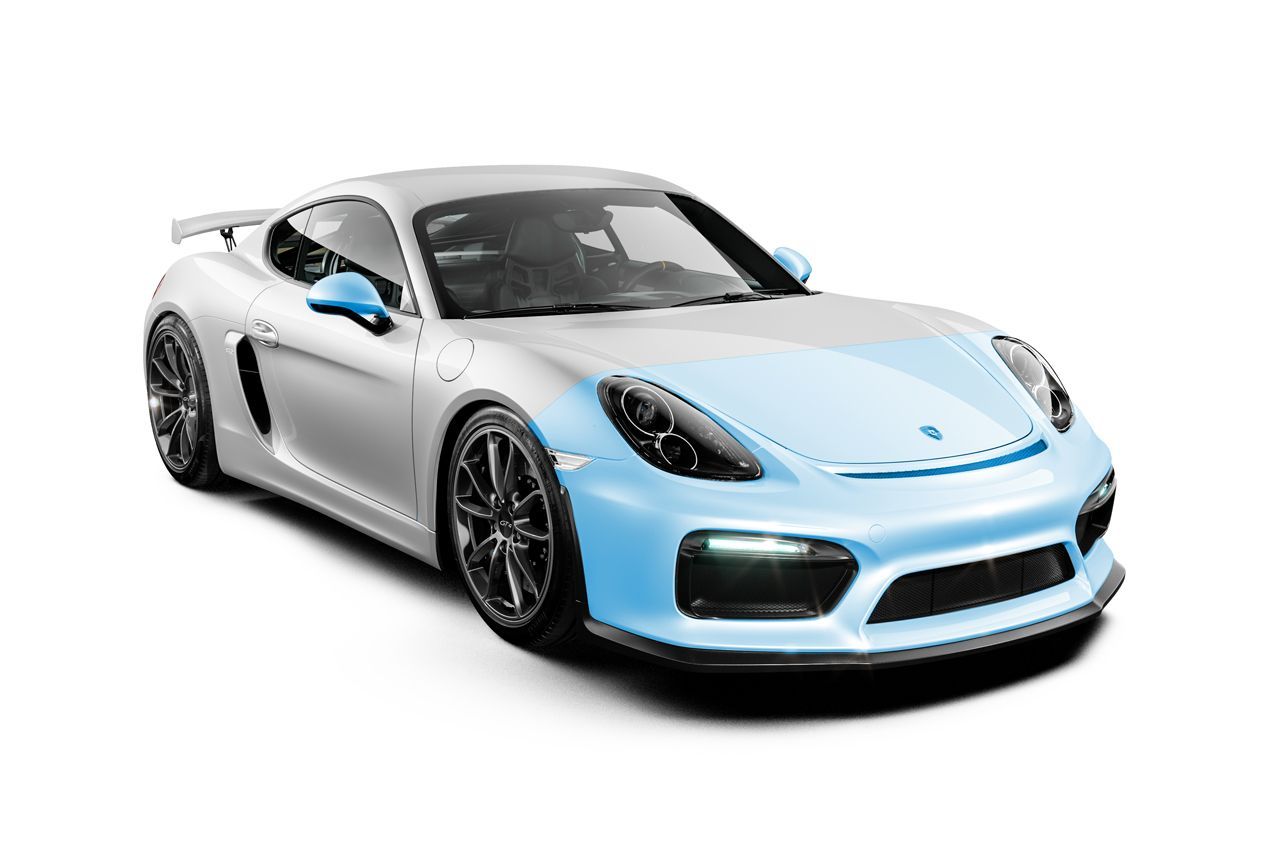 A white porsche 911 gt4 rs with a blue paint job on a white background.